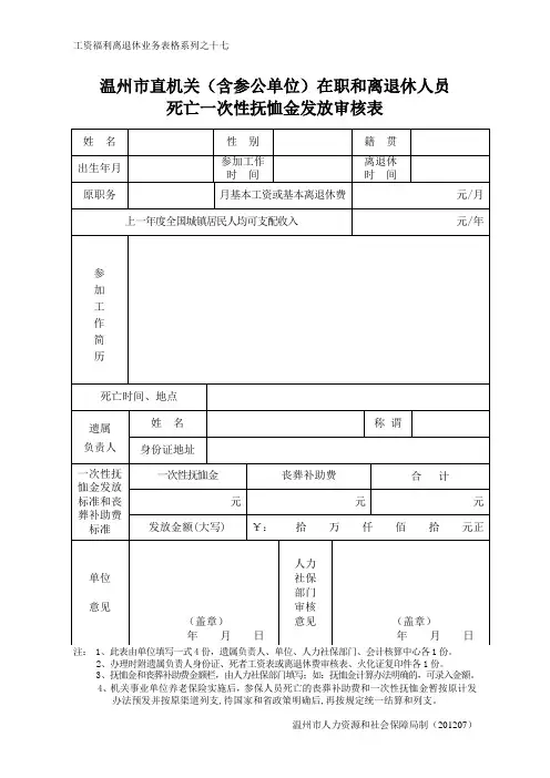 市直机关、参公单位在职(离退休)人员死亡一次性抚恤金和丧葬助费审核表