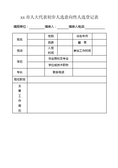 xx市人大代表初步人选意向性人选登记表