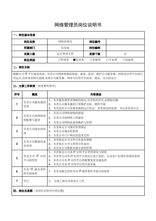 网络管理员岗位说明书