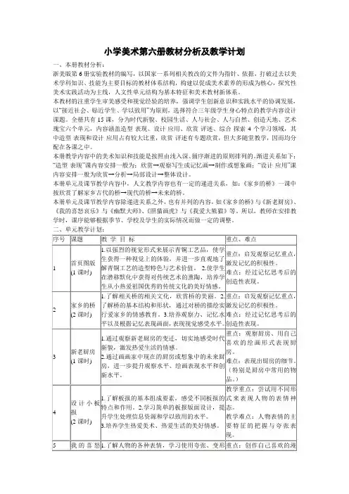小学美术第六册教材分析及教学计划全册