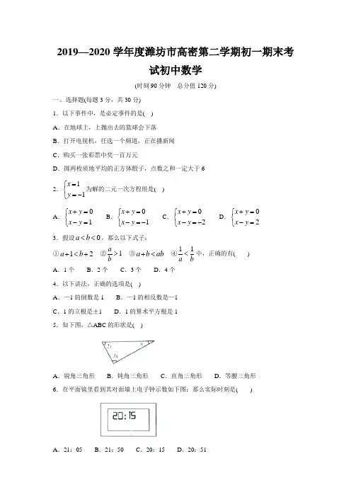 2019—2020学年度潍坊市高密第二学期初一期末考试初中数学