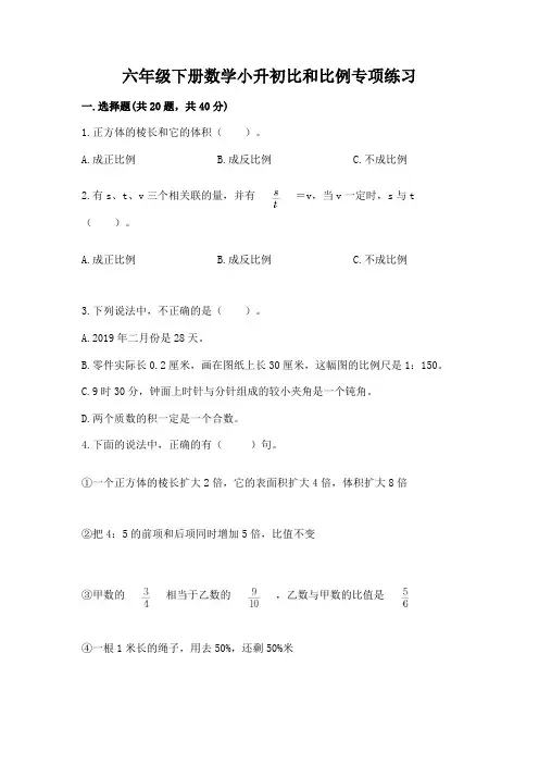 六年级下册数学小升初比和比例专项练习及完整答案