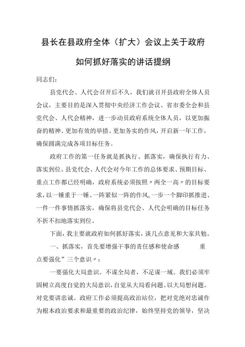 县长在县政府全体(扩大)会议上关于政府如何抓好落实的讲话提纲