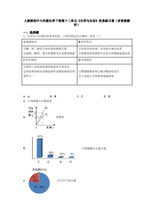 人教版初中九年级化学下册第十二单元《化学与生活》经典练习卷(含答案解析)