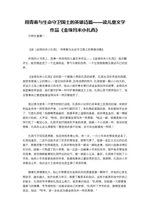 用青春与生命守卫国土的英雄诗篇——读儿童文学作品《金珠玛米小扎西》