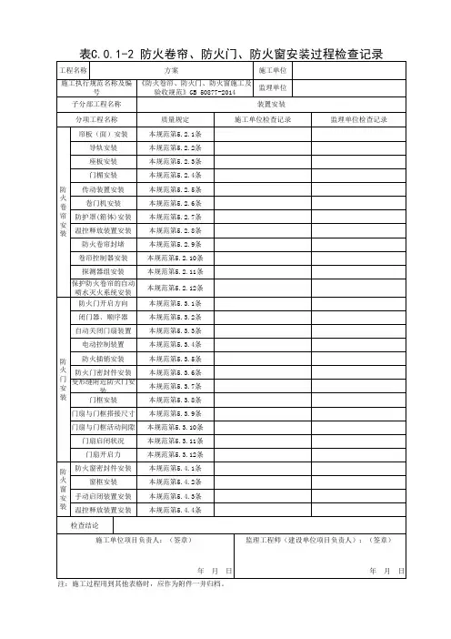 表C.0.1-2 防火卷帘、防火门、防火窗安装过程检查记录