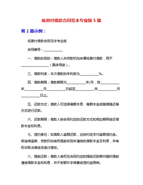 低首付借款合同范本专业版5篇