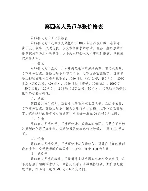 第四套人民币单张价格表