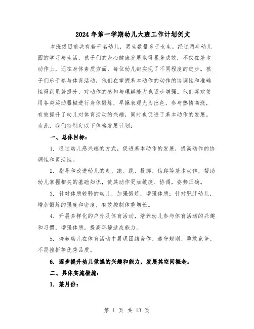2024年第一学期幼儿大班工作计划例文（五篇）