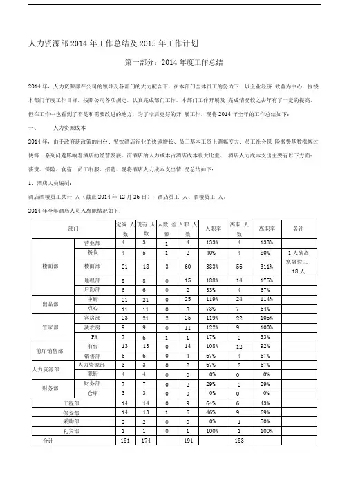 人力资源部2014年度工作总结及下年度工作计划