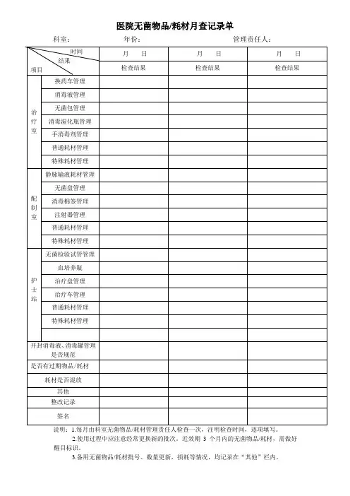 医院无菌物品、耗材月查记录单