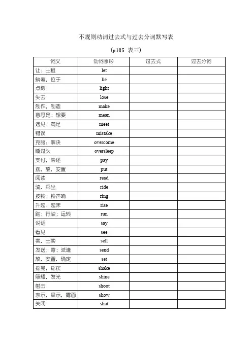 不规则动词过去式与过去分词默写表(初三教材p185表三)