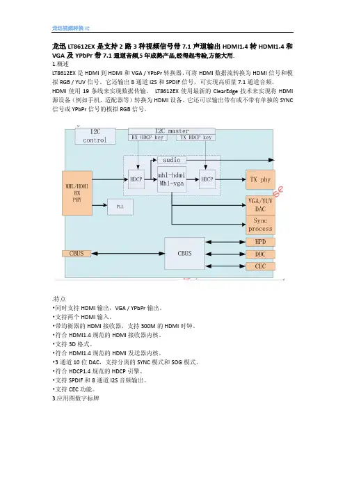 龙迅LT8612EX是支持2路3种视频信号带7.1声道输出HDMI1.4转HDMI1.4和VGA及YPbPr带7.1通道音频