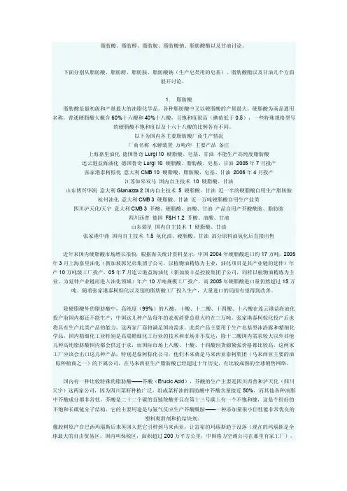 脂肪酸、脂肪醇、脂肪胺、脂肪酸钠、脂肪酸酯以及甘油讨论。