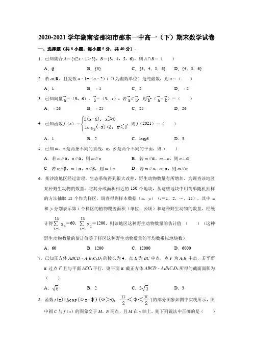 2020-2021学年湖南省邵阳市邵东一中高一(下)期末数学试卷(解析版)