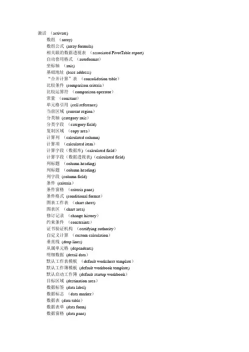 英文版EXCEL中英文对照