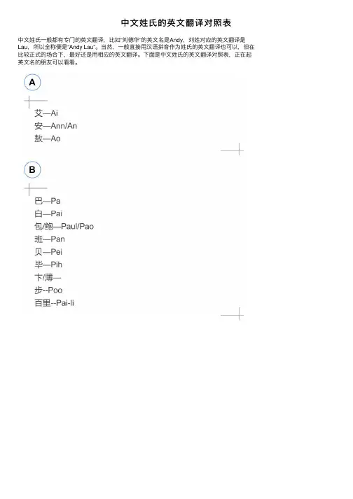 中文姓氏的英文翻译对照表