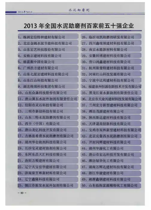 2013年全国水泥助磨剂百家前五十强企业