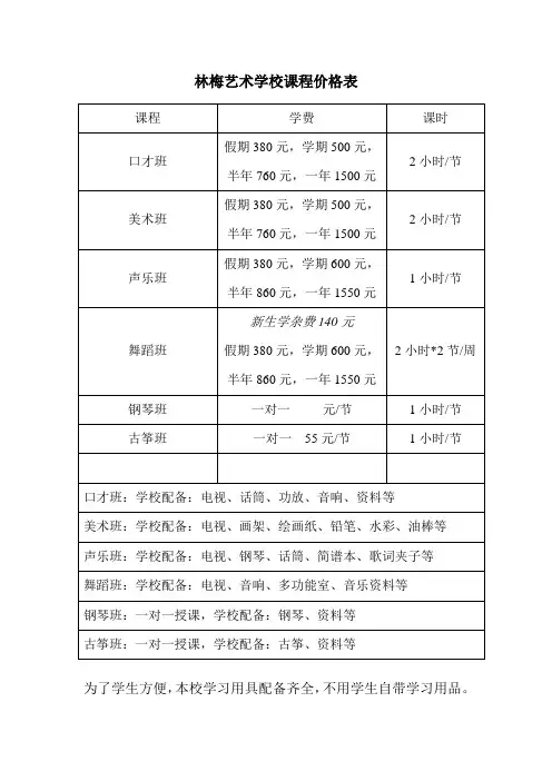 林梅艺术学校课程价格表