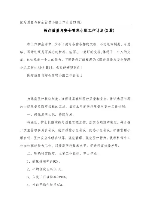 医疗质量与安全管理小组工作计划(3篇)