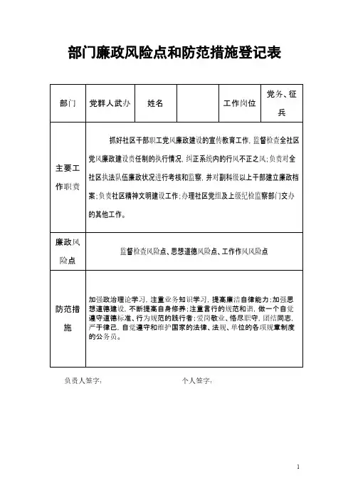 社区部门廉政风险点和防范措施登记表