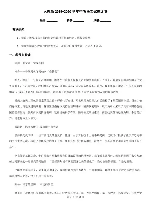 人教版2019-2020学年中考语文试题A卷(模拟)
