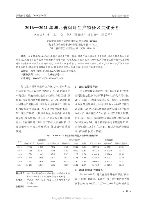 2016—2021年湖北省烟叶生产特征及变化分析