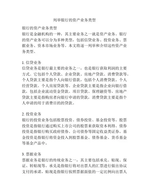列举银行的资产业务类型
