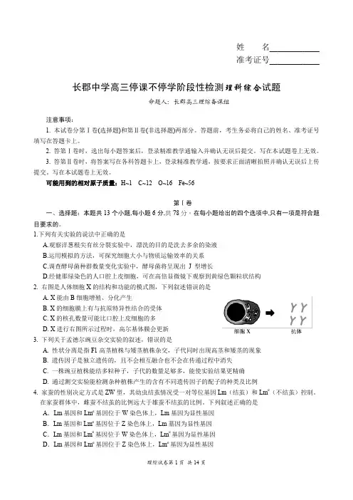 【百强校】湖南省长沙市长郡中学2020届高三“停课不停学”阶段性检测理科综合试题