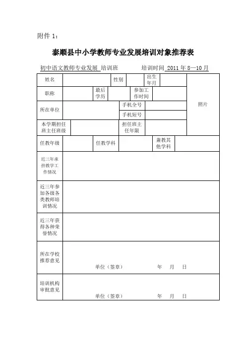 中小学教师专业发展培训对象推荐表
