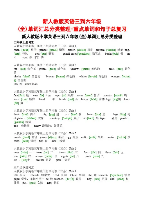 新人教版英语三到六年级(全)单词汇总分类整理+重点单词和句子总复习