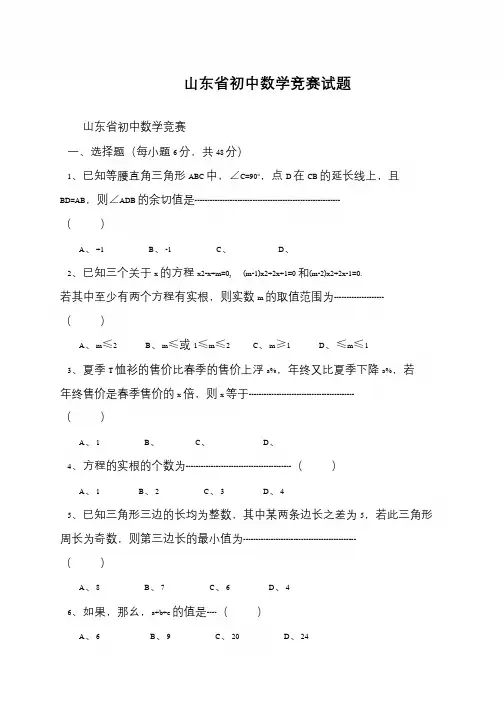 山东省初中数学竞赛试题
