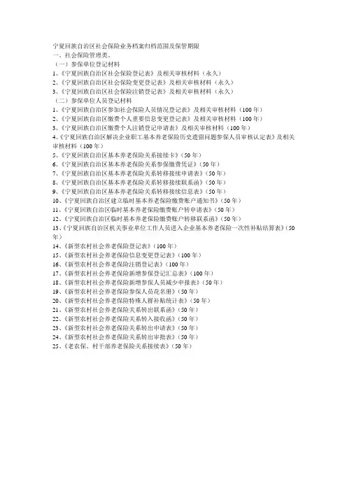 宁夏回族自治区社会保险业务档案归档范围及保管期限