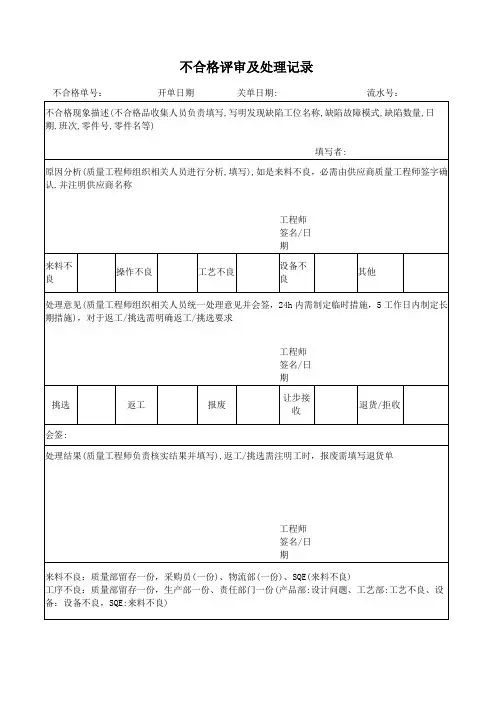 不合格评审及处理记录表单模板