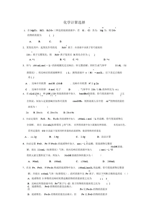 人教版必修一高一化学计算题