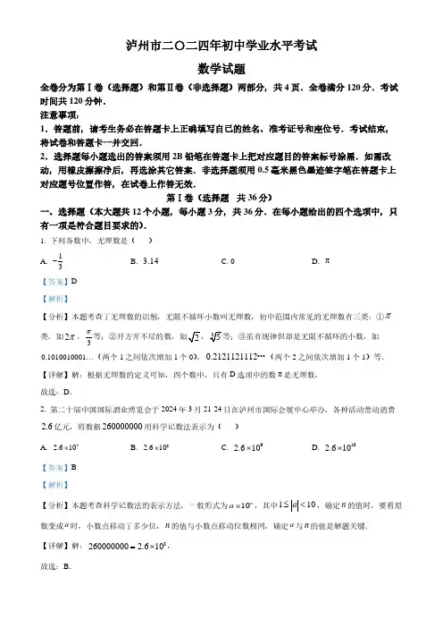 2024年四川省泸州市中考数学试题含答案解析