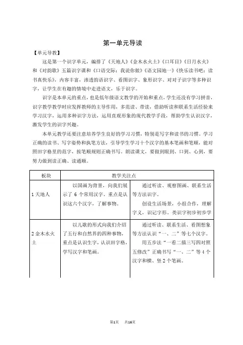 人教版五四制小学一年级上册语文第一单元识字 天地人名师教学设计