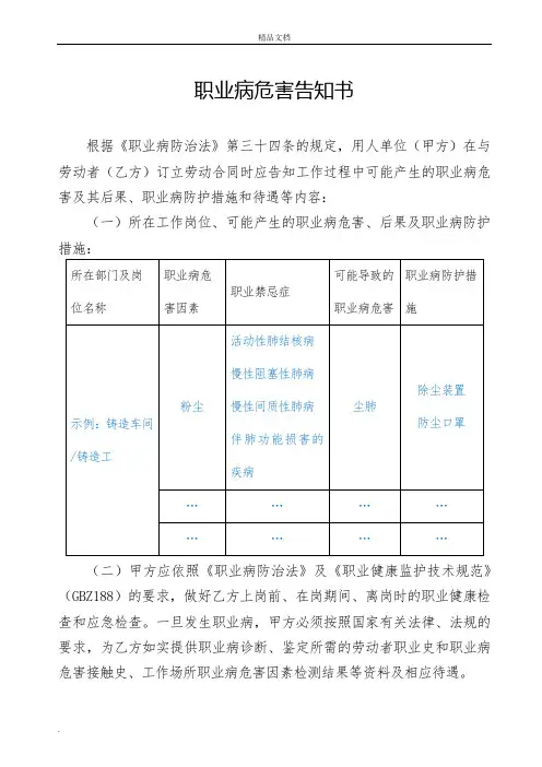 职业病危害告知书模版