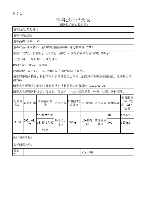 预防性消毒过程记录表