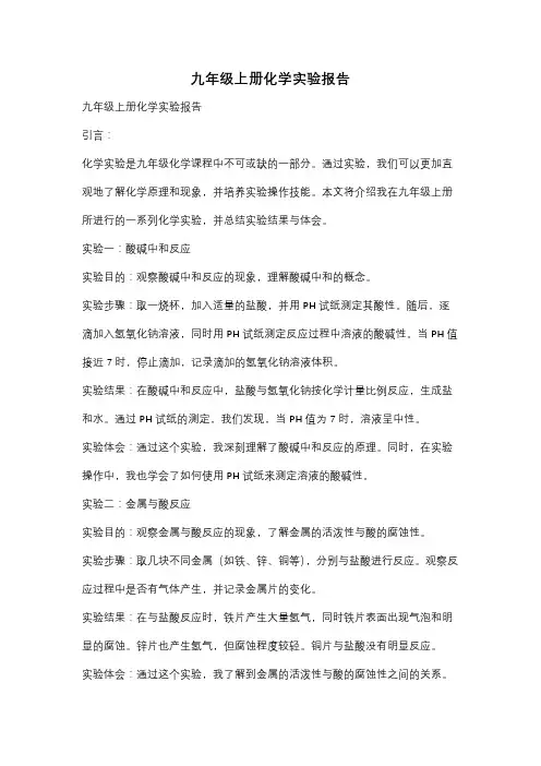 九年级上册化学实验报告