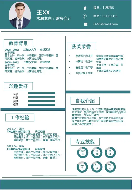 蓝色商务求职简历(A4大小,直接打印)