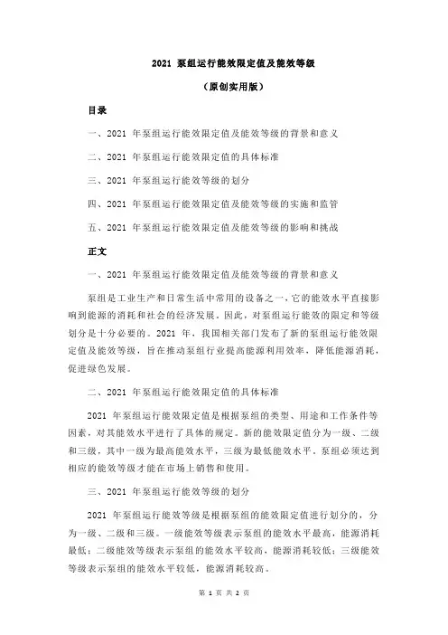 2021 泵组运行能效限定值及能效等级