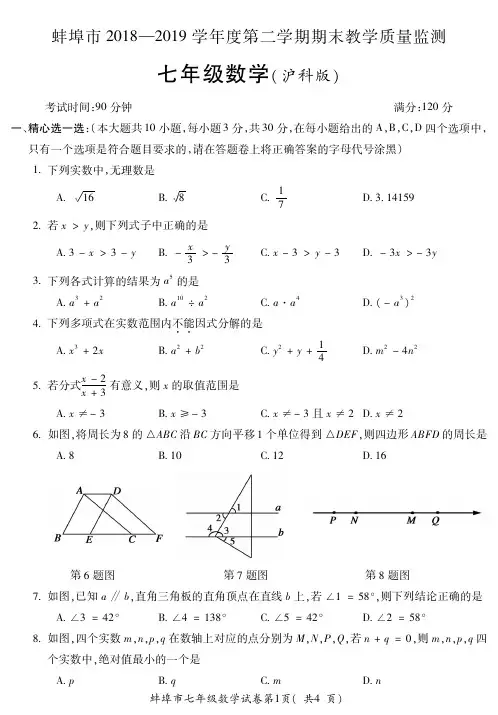 蚌埠市2018-2019学年度七年级下学期期末考试卷数学