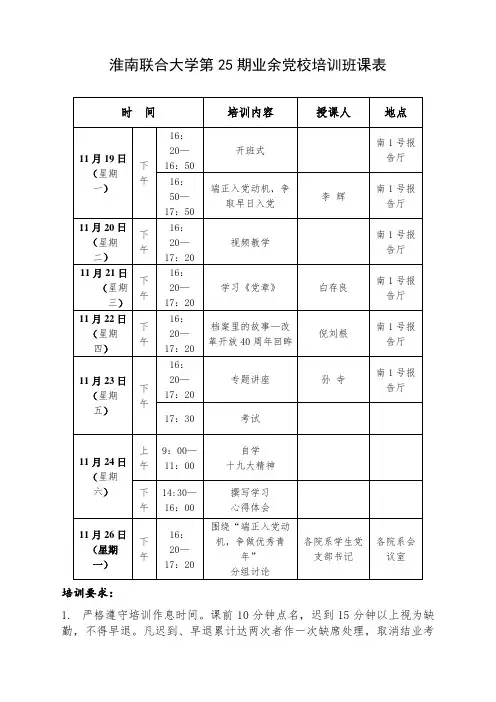 XX大学第25期业余党校培训班课表【模板】