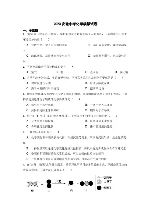 2023年安徽省中考化学模拟试卷(含解析)