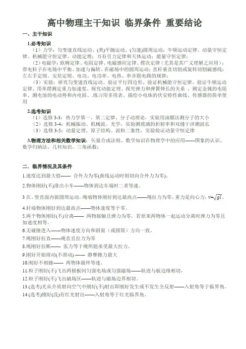 高中物理重要结论 临界条件 主干知识