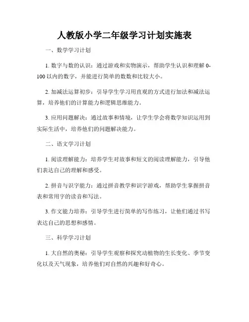 人教版小学二年级学习计划实施表