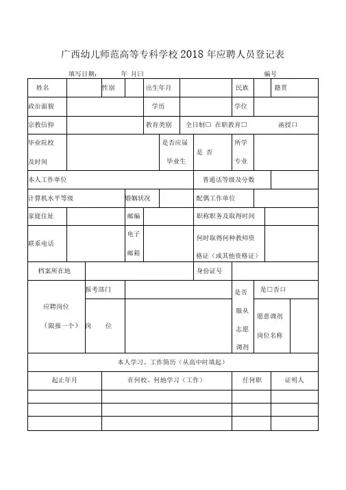 广西幼儿师范高等专科学校2018年应聘人员登记表