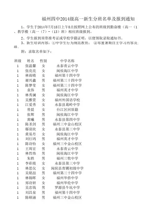 福州四中2014级新生分班名单