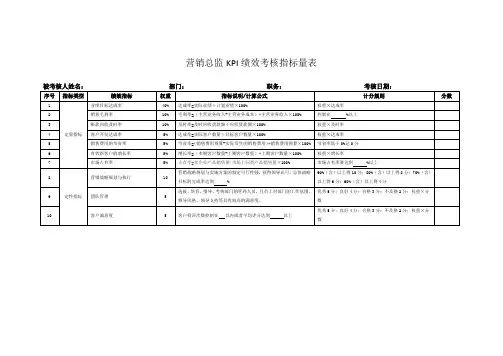 营销总监KPI绩效考核指标量表